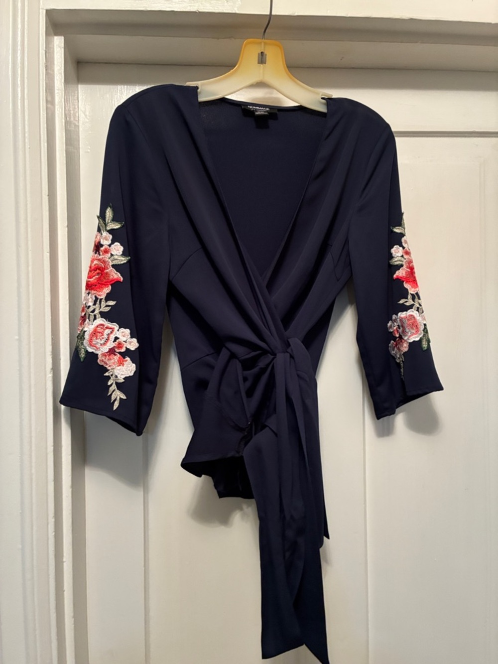 HOMAGE Navy Wrap Blouse with Pink & Red Floral Sleeve Embroidery